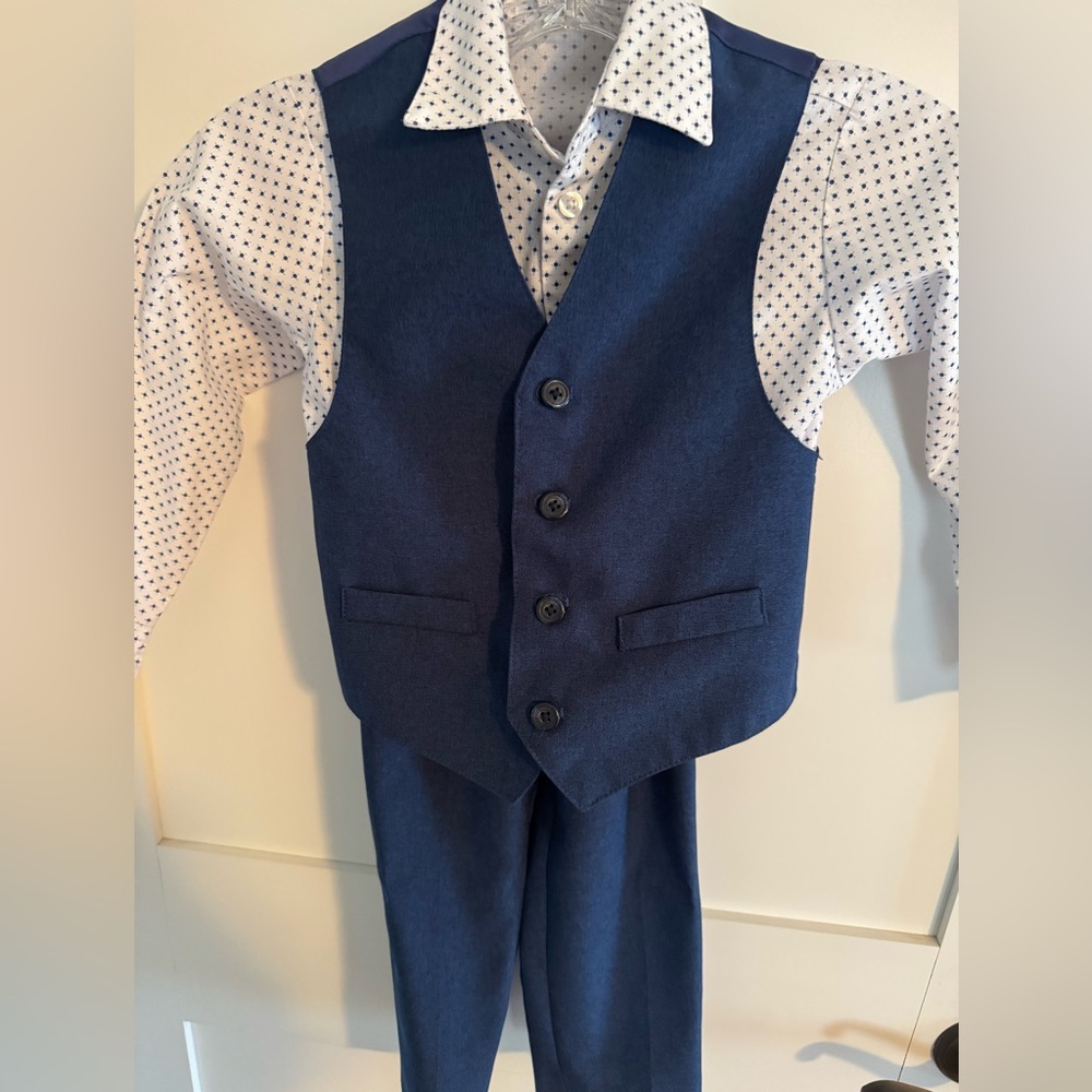 Van Heusen Blue Vest and Pants with White Polka Dot Shirt
